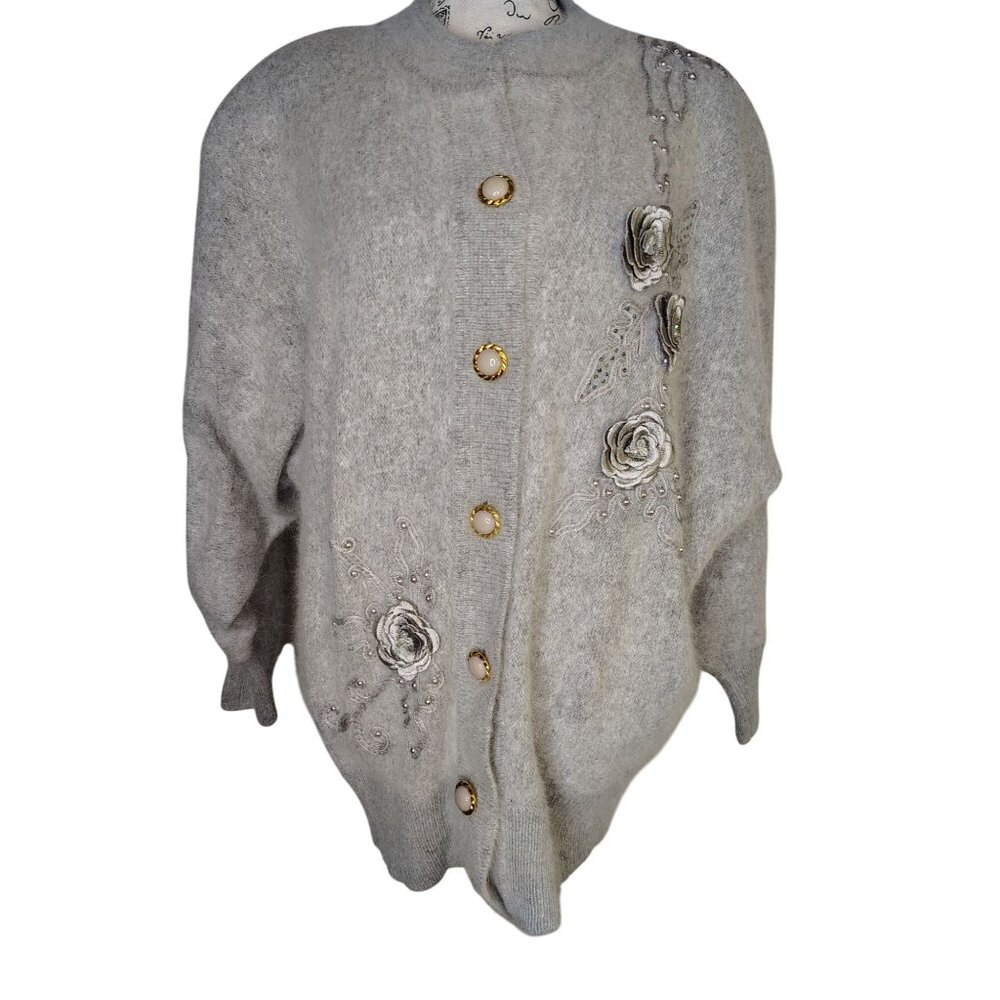 Vtg. Large Mitra Angora Rabbit Hair Lambs Wool Gray Cardigan Sweater Flower Emb.